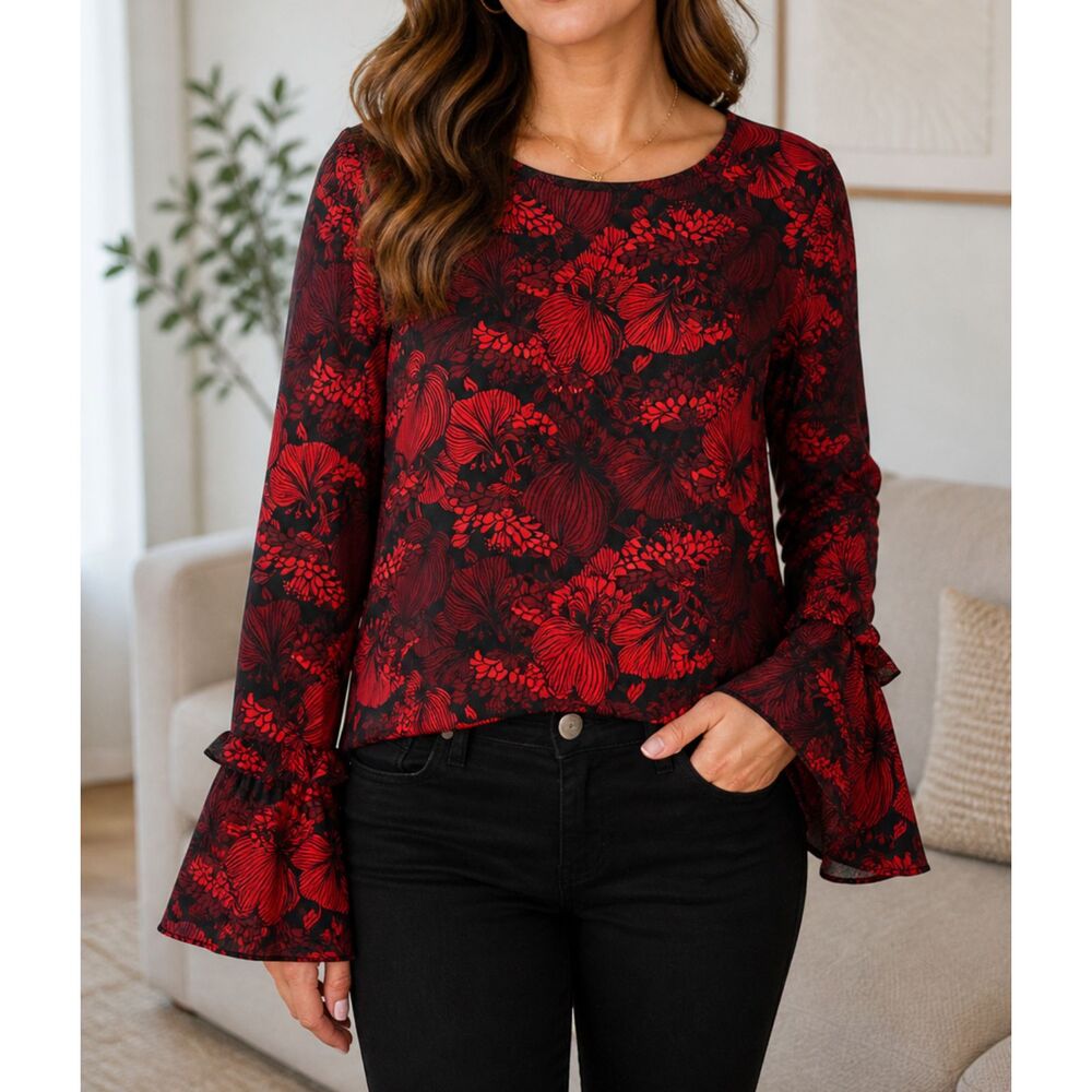 Violet + Claire Red Black Floral Blouse Bell Sleeve Sheer Top Large